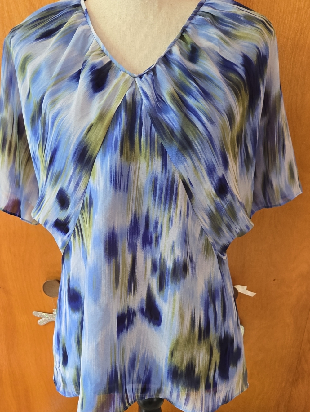 Jones Wear Blue and Olive Print V-Neck Blouse